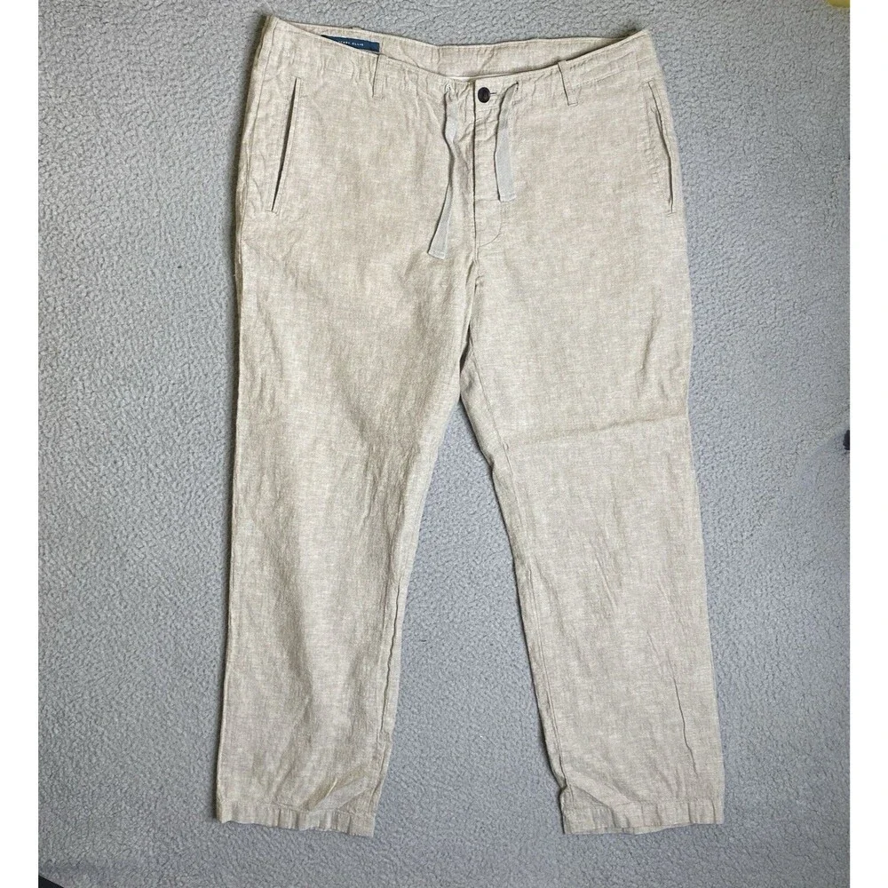 Perry Ellis Pants Men 36x30 (38x29L) Beige Linen Blend Pockets Drawstring Casual